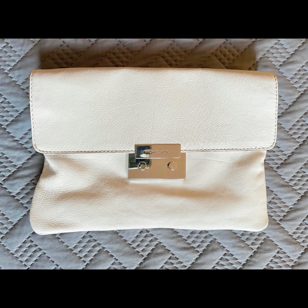 Michael Kors Ivory & Silver Clutch with Silver Chain Shoulder Strap